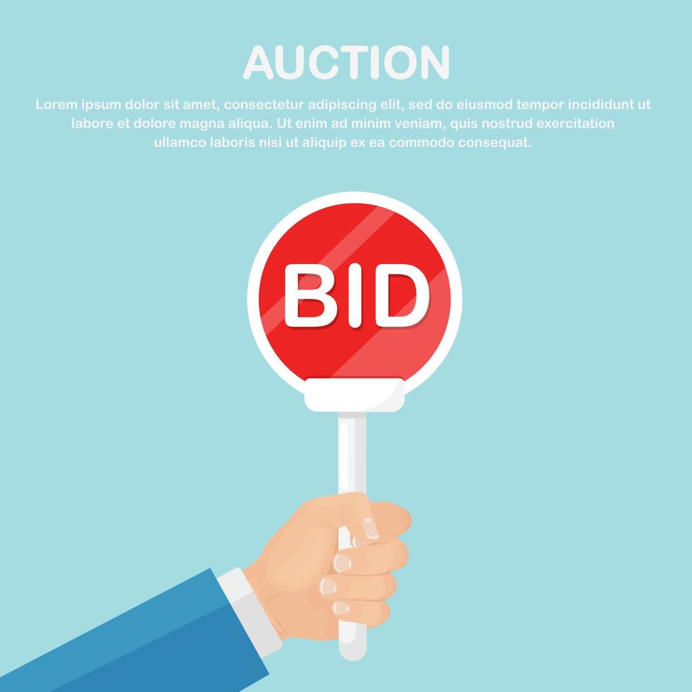 Businessman hold auction paddle in hand. Bidding concept. People rise signs with BID inscriptions. Vector design