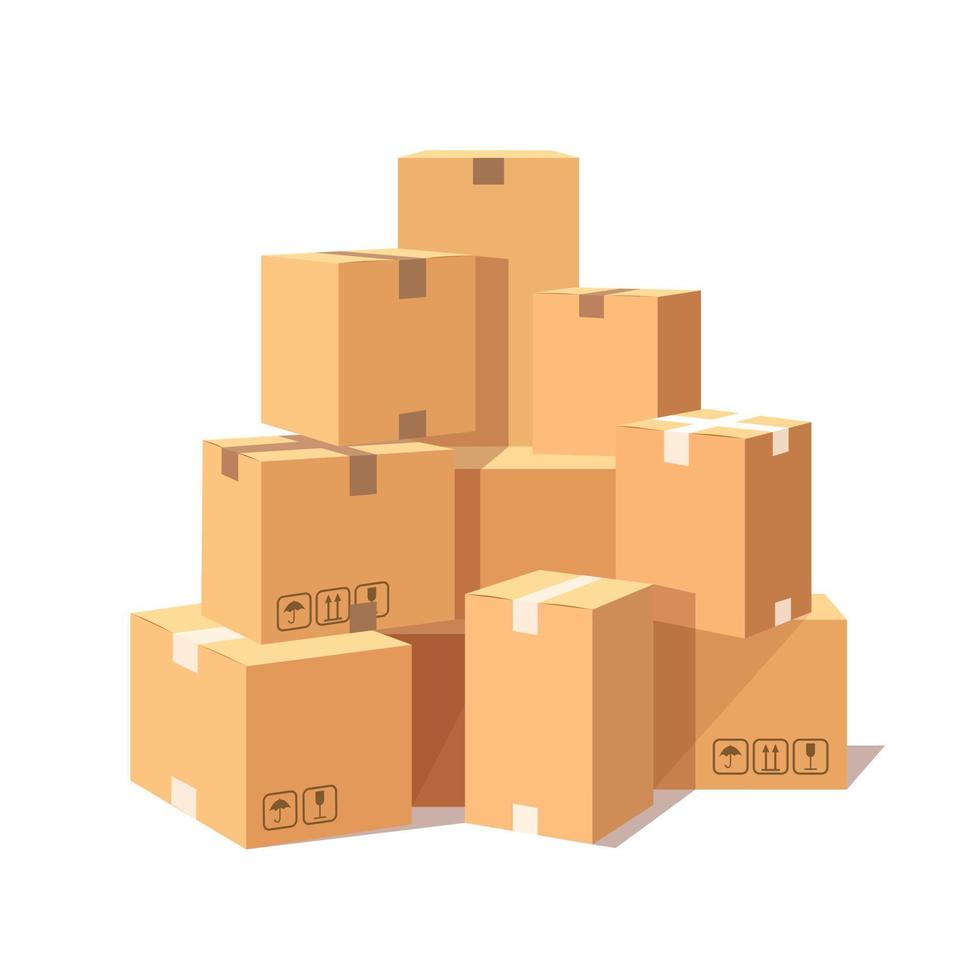 conjunto de cartón isométrico 3d, caja de cartón. paquete de transporte en tienda, concepto de distribución. diseño vectorial vector