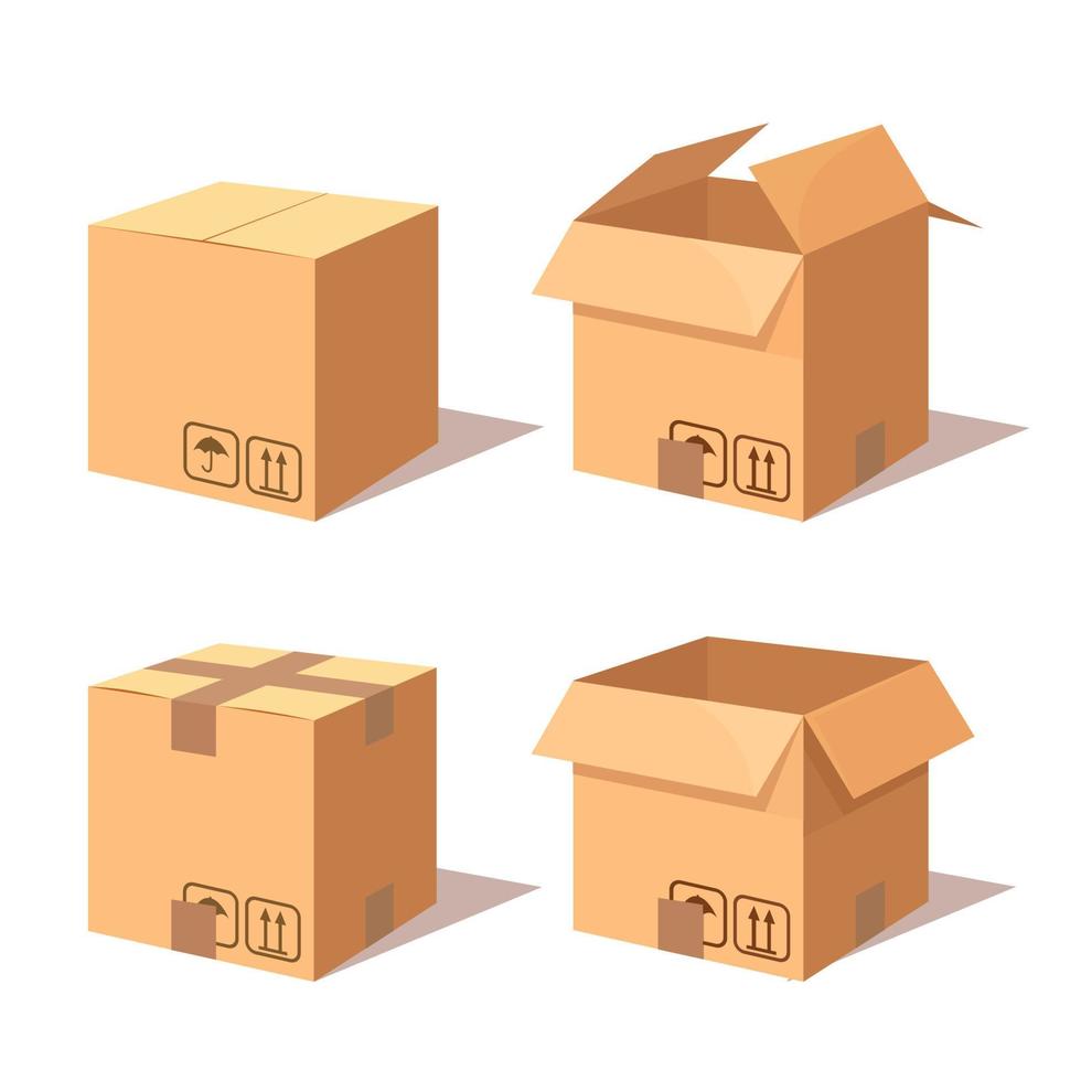 Set of 3d isometric carton, cardboard box. Transportation package in store, distibution. Vector design