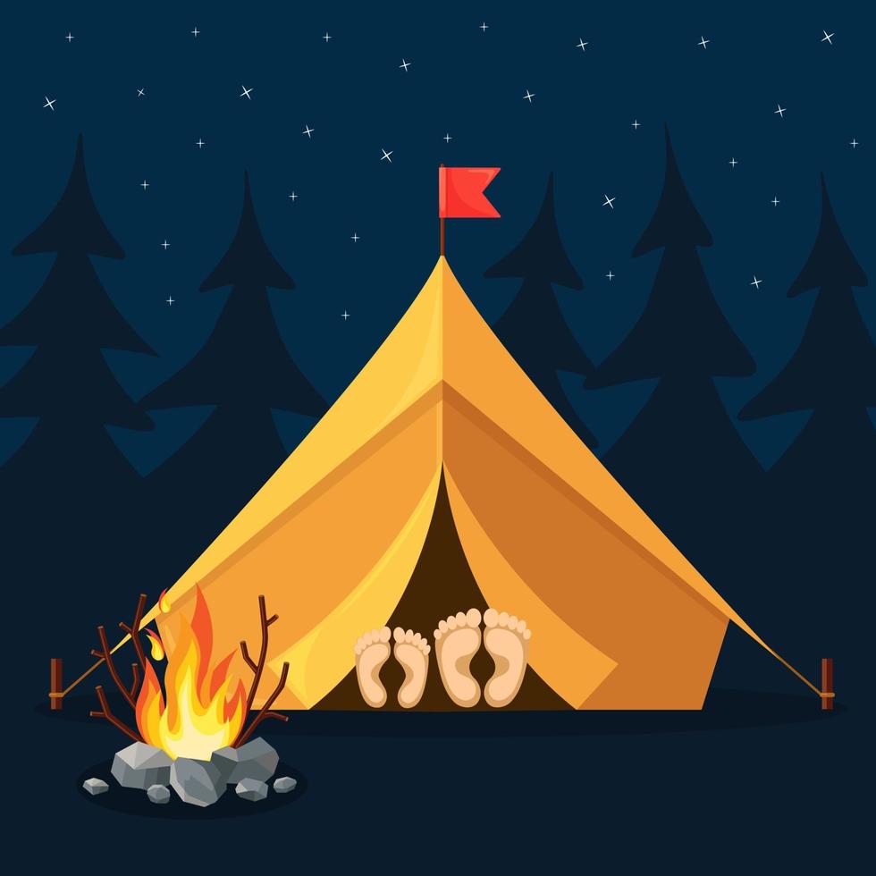 paisaje nocturno con carpa, fogata, bosque. campamento de verano, turismo de naturaleza. concepto de camping o senderismo. diseño vectorial vector