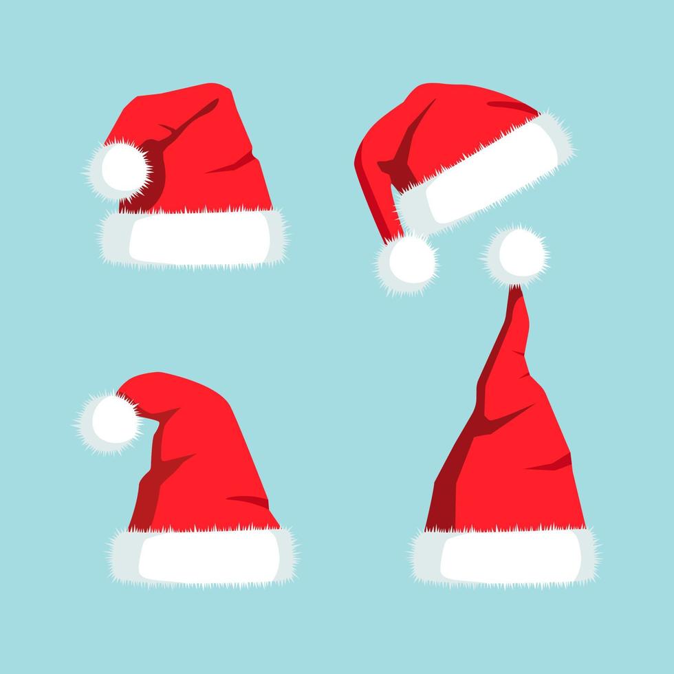 Set of santa claus hat isolated on background. Red cap for celebration christmas. Happy new year, merry xmas concept. Vector design