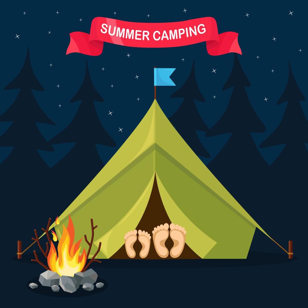 paisaje nocturno con carpa, fogata, bosque. campamento de verano, turismo de naturaleza. concepto de camping o senderismo. diseño vectorial vector