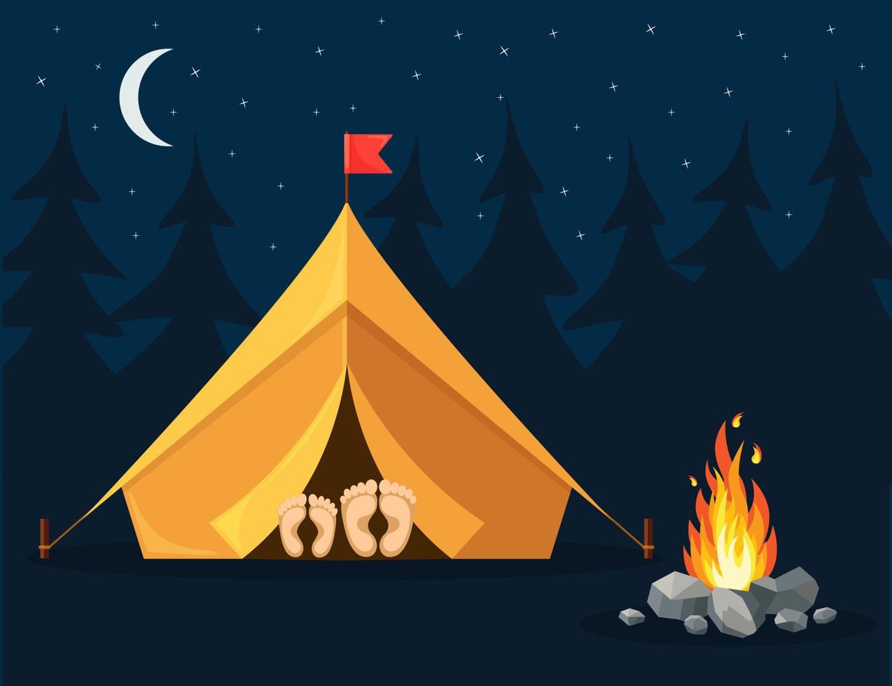 Night landscape with tent, campfire, forest. Summer camp, nature tourism. Camping or hiking concept. Vector design