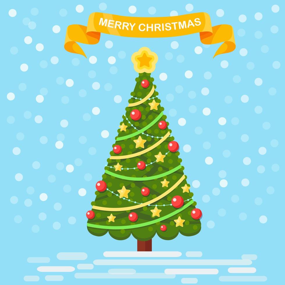 Decorated christmas tree with star, lights, decoration balls. Merry Christmas and happy new year concept. Vector design