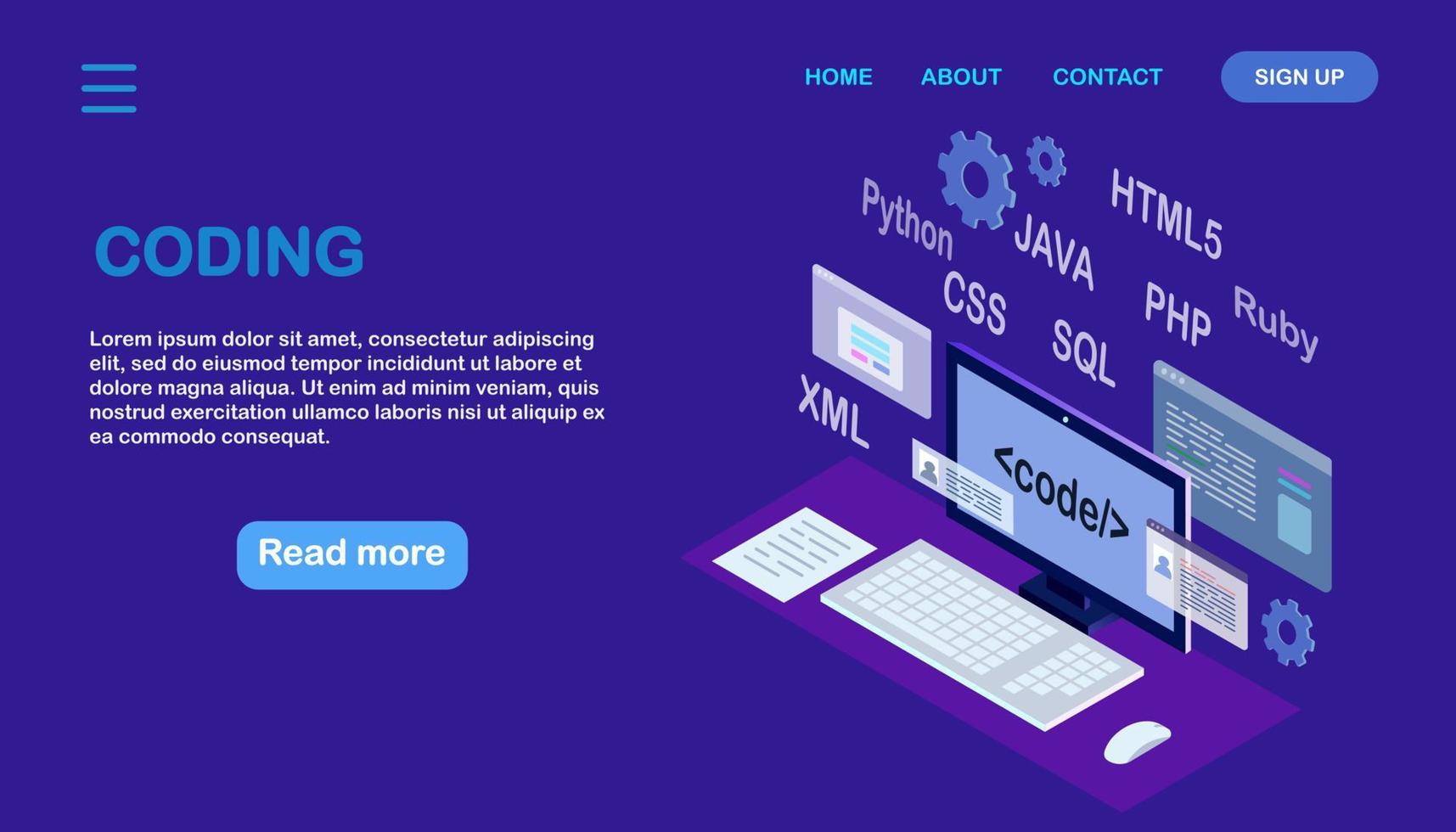 Software development, programming language, coding. Digital technology. Isometric laptop, computer. Vector design