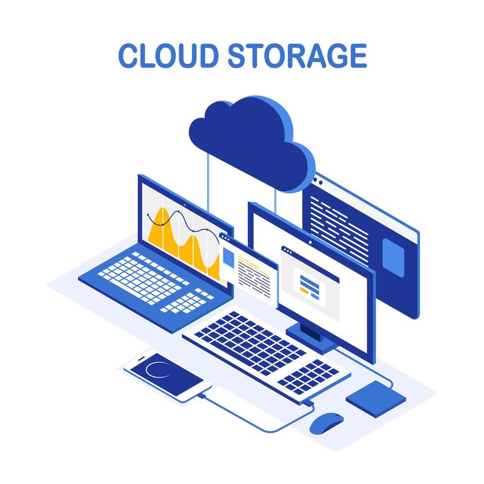 Cloud storage technology. Data backup. Isometric laptop, computer with phone. Hosting service. Vector design