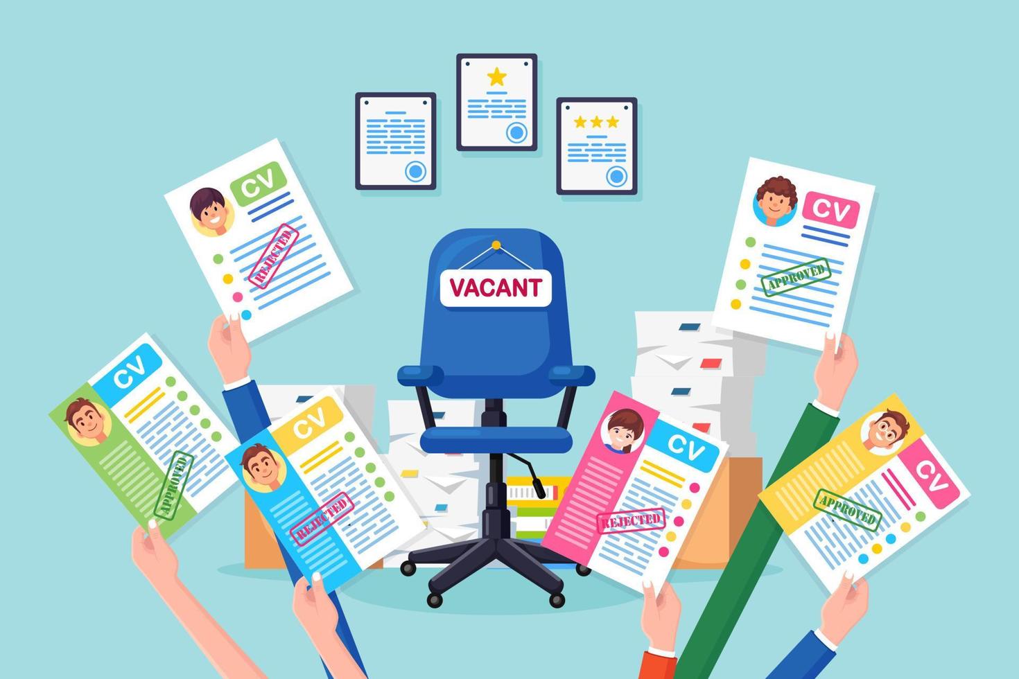 CV business resume in hand above office chair. Job interview, recruitment, search employer, hiring vector