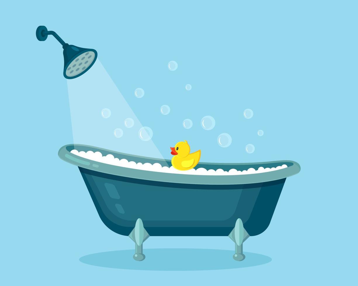 Bathtub full of foam with bubbles. Bathroom interior. Shower taps, soap, rubber duck. Vector design