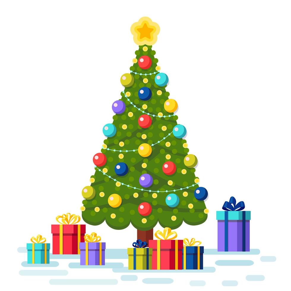 Decorated christmas tree with gift boxes, star, lights, decoration balls. Merry Christmas and happy new year vector