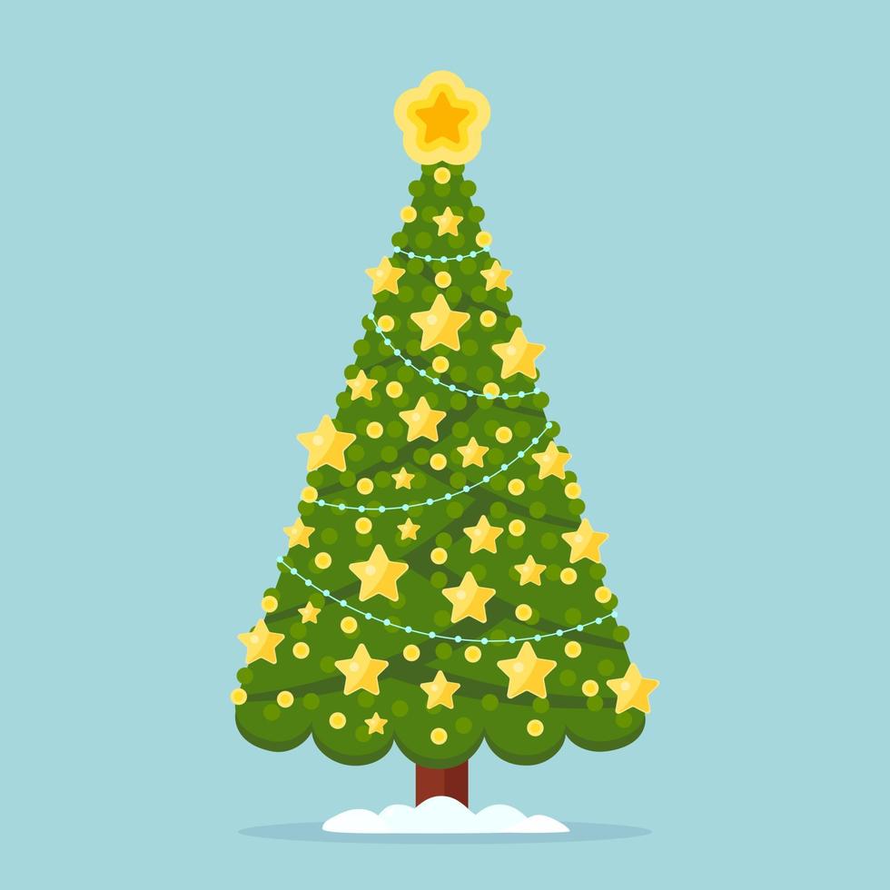 Decorated christmas tree with star, lights, decoration balls. Merry Christmas and happy new year concept. Vector design