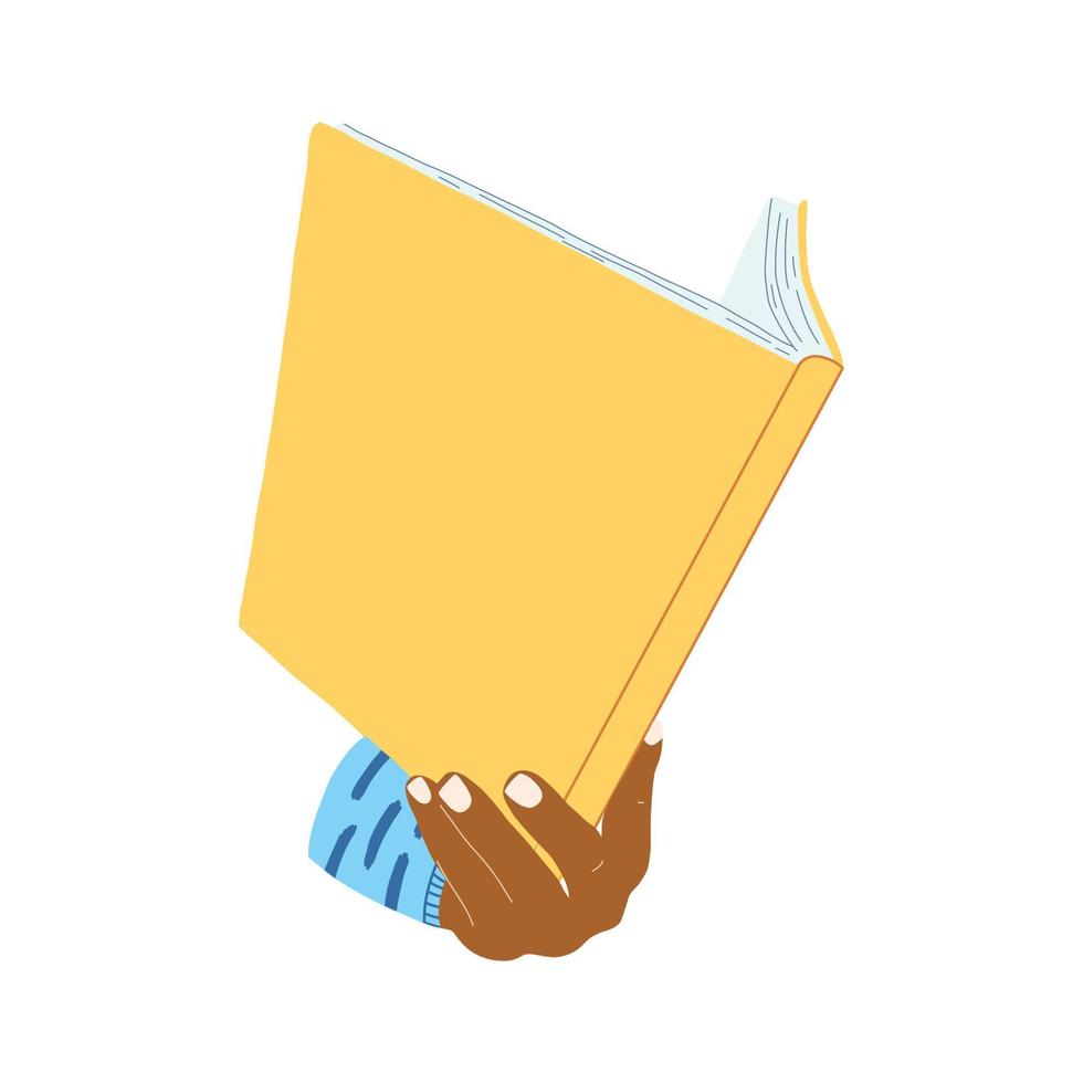 Hands with book in cartoon flat style. Concept of World book day, studying, learning . Vector illustration of open dictionary, encyclopedias, planner