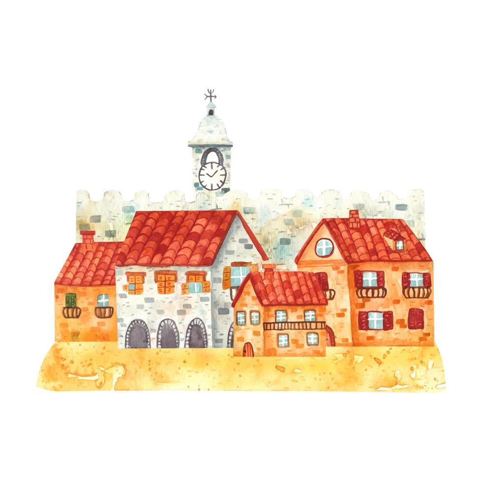 Cozy hand drawn cartoon watercolor houses of city on the sandy beach. Buildings and a castle with a tower and a clock on the shore. Illustration of landscape, nature, summer holiday vector