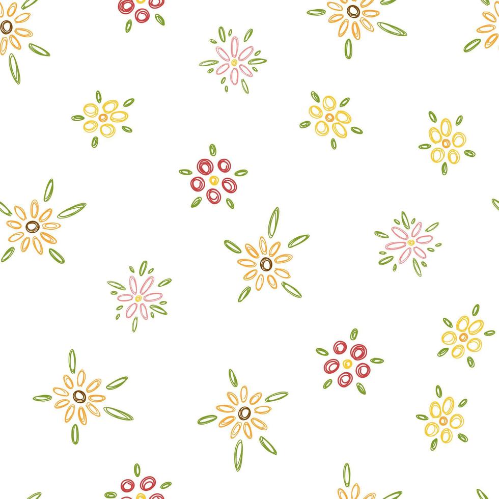 patrón infantil sin costuras con flores de garabato sobre fondo blanco. ilustración vectorial de textura primaveral para tela, envoltura, textil, papel pintado, ropa. vector