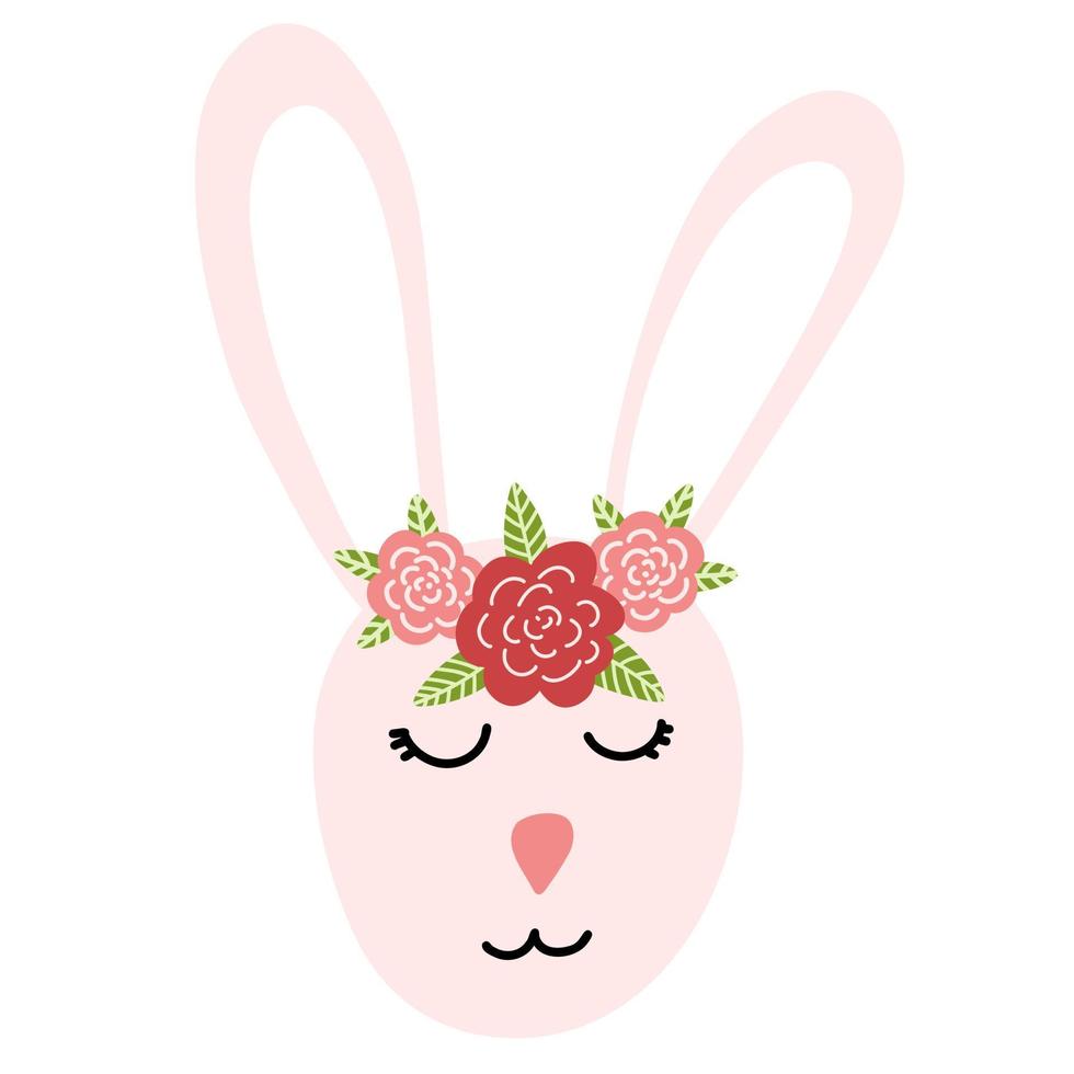 Cute bunny face with flowers in cartoon flat style isolated on white background. Easter rabbit character for print, kids design. Vector illustration of sweet animal snout.