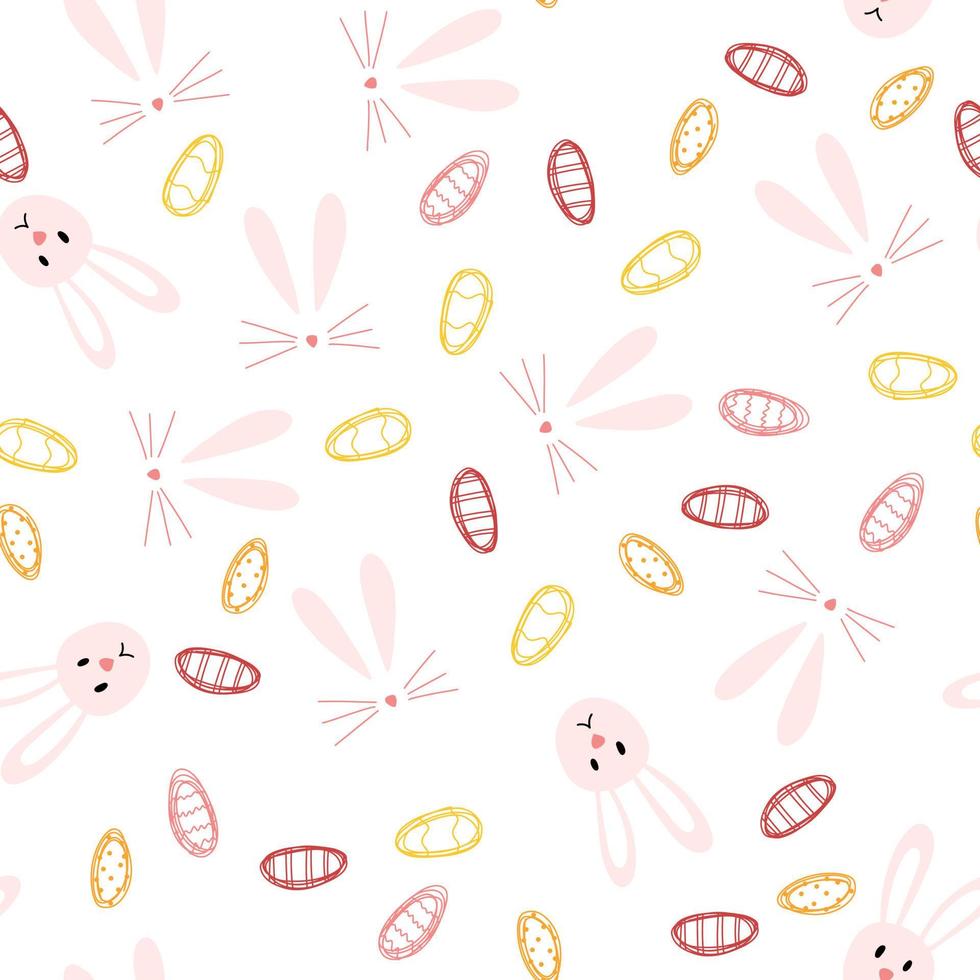 Easter egg and bunny seamless pattern in hand drawn cartoon childish style. Colorful vector illustration of spring holiday background.