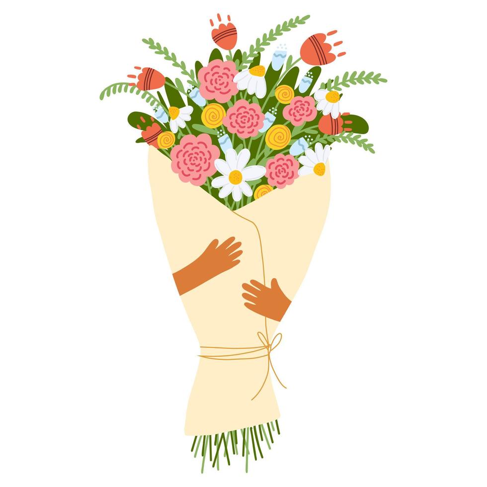 Hands with a colorful bouquet of flowers in cartoon flat style. Concept of Women s day March 8, mother day, date, Valentine s Day. Vector illustration for card, poster.