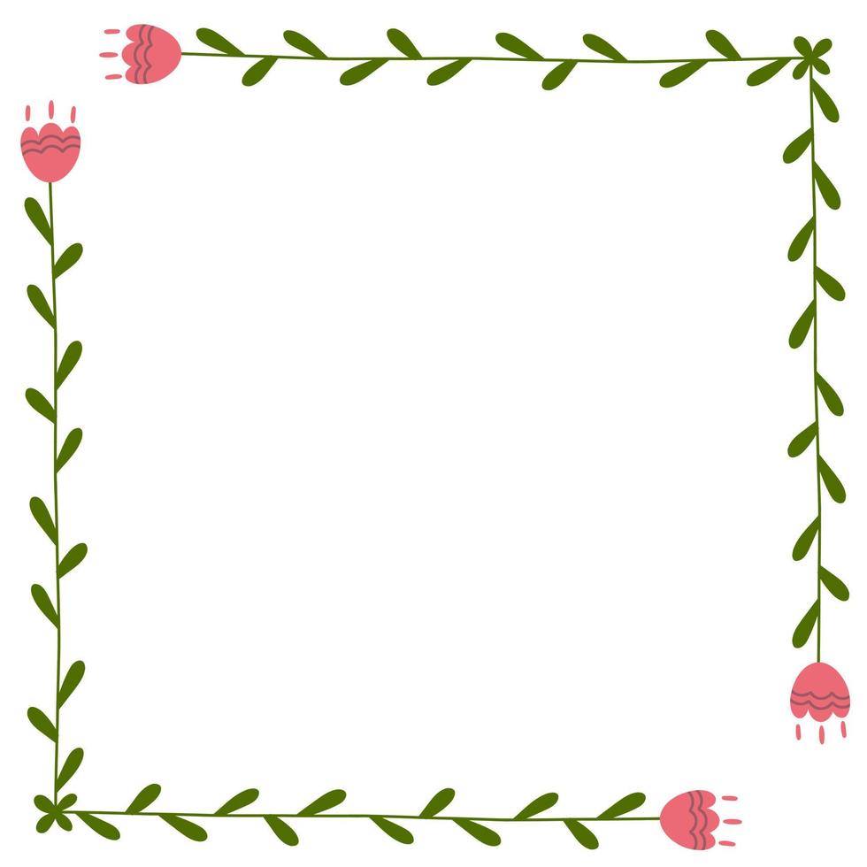 Simple frame with flowers and leaves in cartoon doodle flat style. Botanical border for list, card, wishes. vector