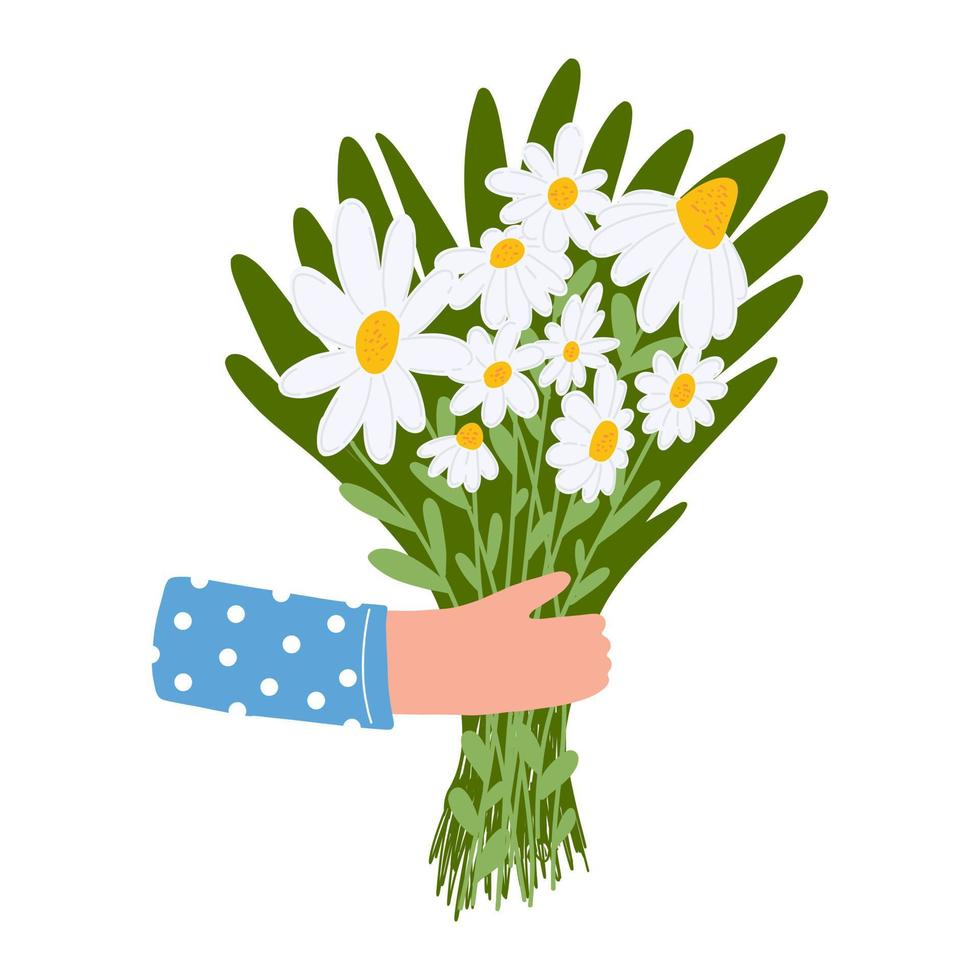 Hands with a colorful bouquet of flowers in cartoon flat style. Concept of Women s day March 8, mother day, date, Valentine s Day. Vector illustration for card, poster.