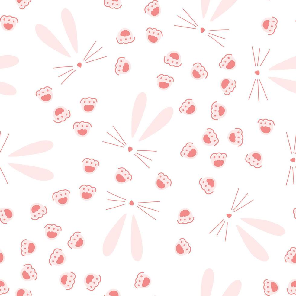 Seamless pattern with hand drawn easter bunny and paw prints in cartoon flat style on white background. Vector illustration of spring texture with cute rabbit ear, nose, mustache and footprint.