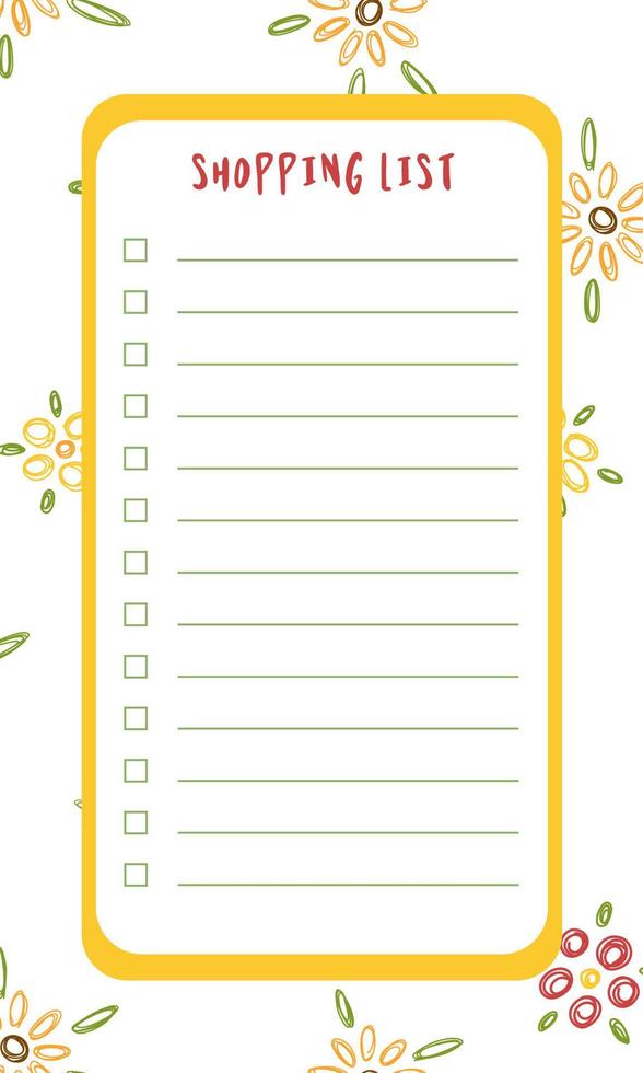 plantilla de lista de compras vectorial con fondo floral. páginas de notas, tareas pendientes, planificador diario. vector