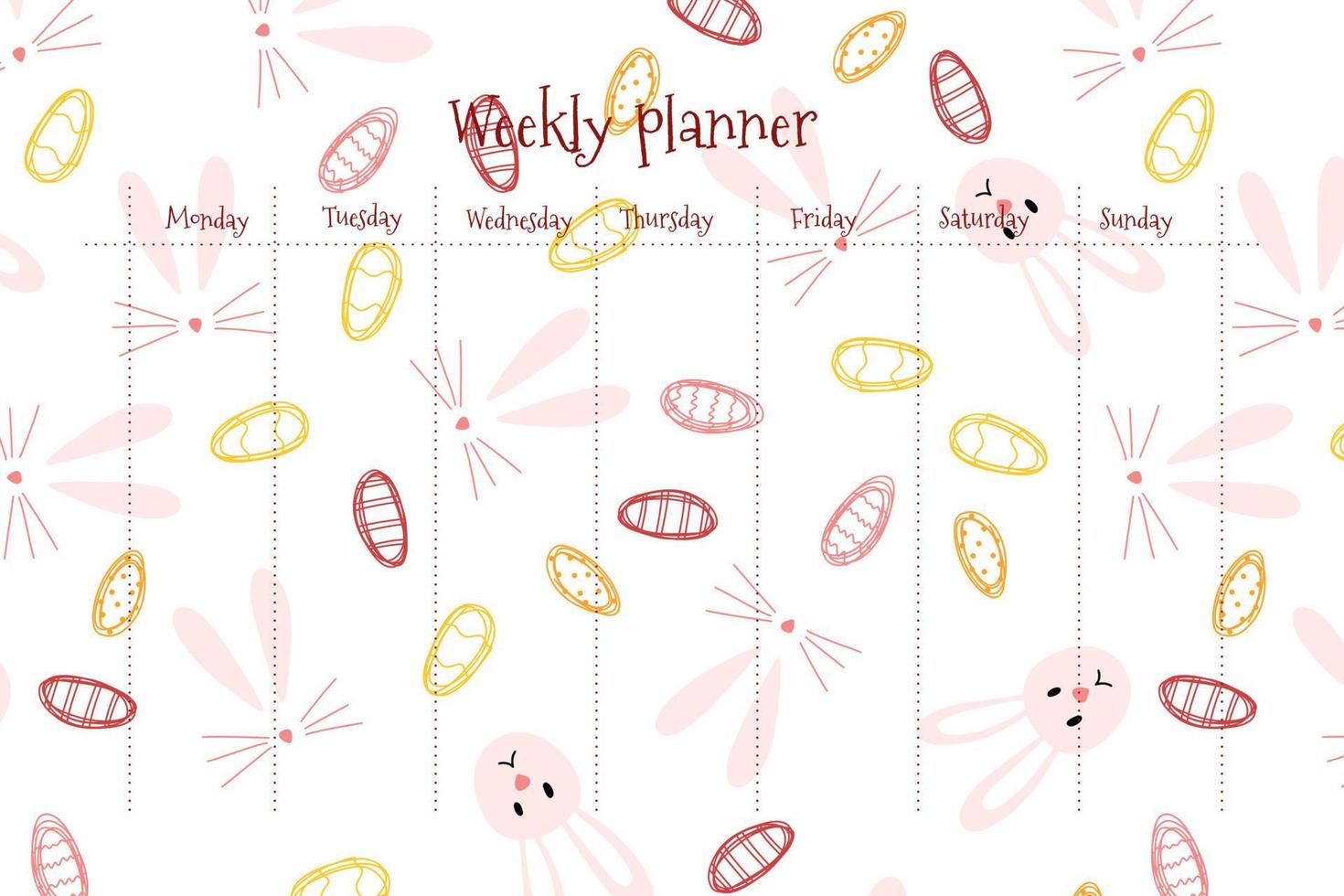 Weekly and daily planner with cute Easter bunny and egg in cartoon flat style. Colorful vector illustration for stationary, schedule, list, school timetable, extracurricular activities.