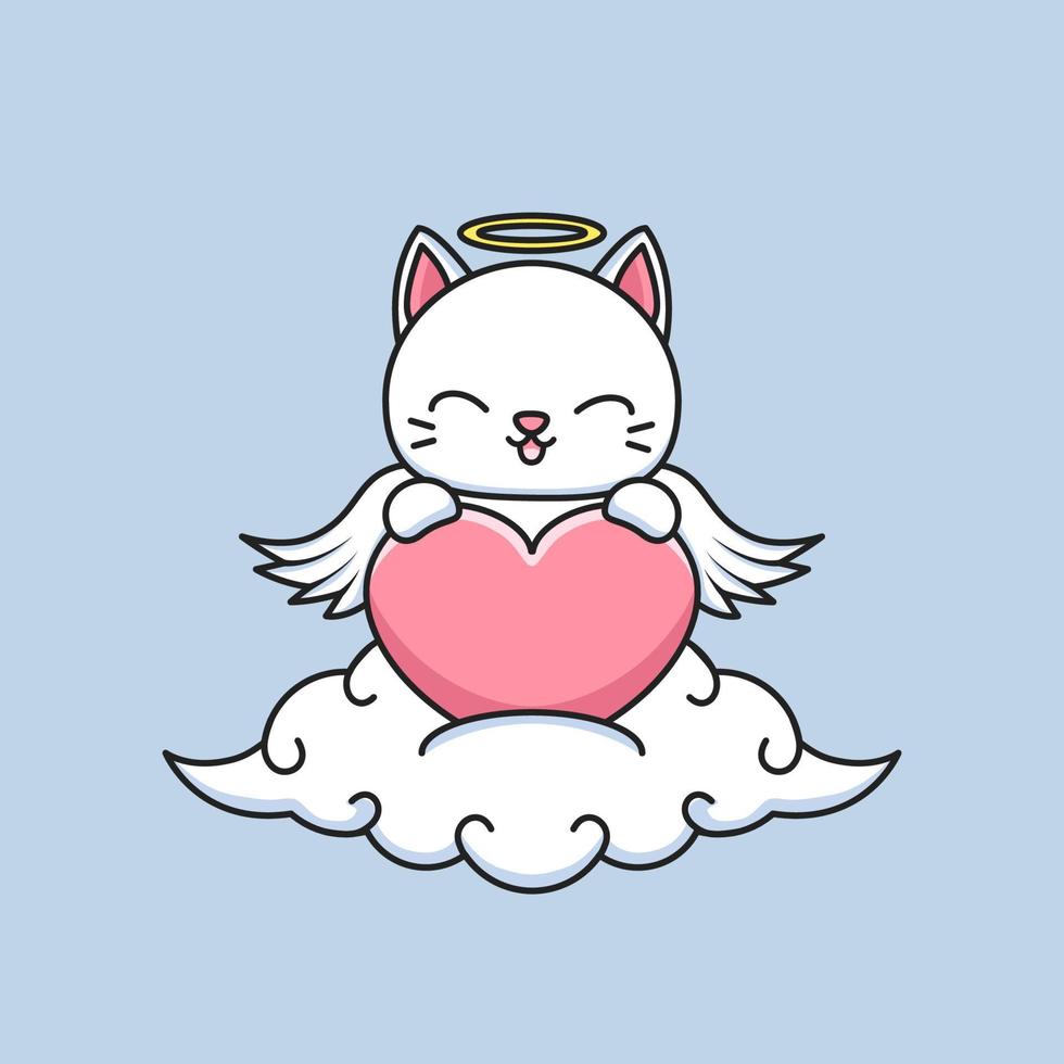 lindo gato cupido con gran corazón en la nube vector