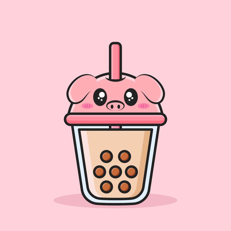 bubble tea cup with cute animal face lid vector