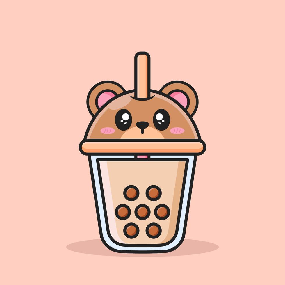 bubble tea cup with cute animal face lid vector