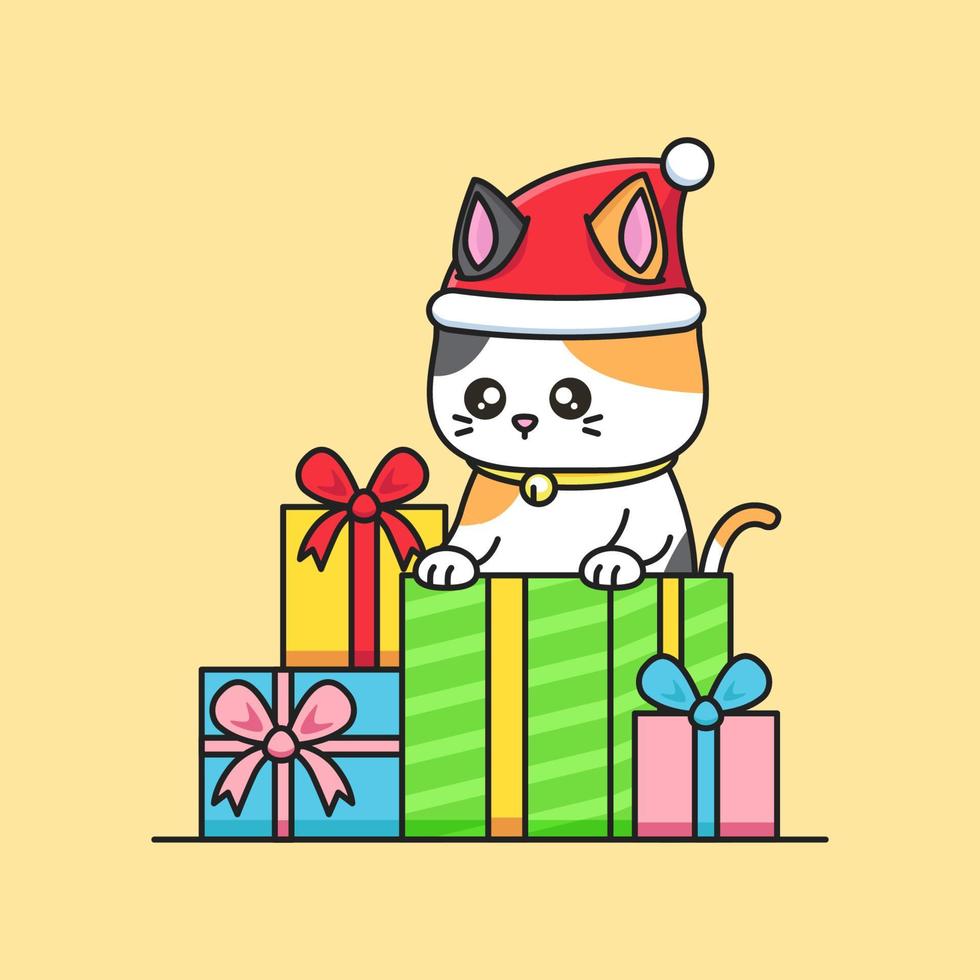 Merry christmas illustration with cute cat wear santa hat vector