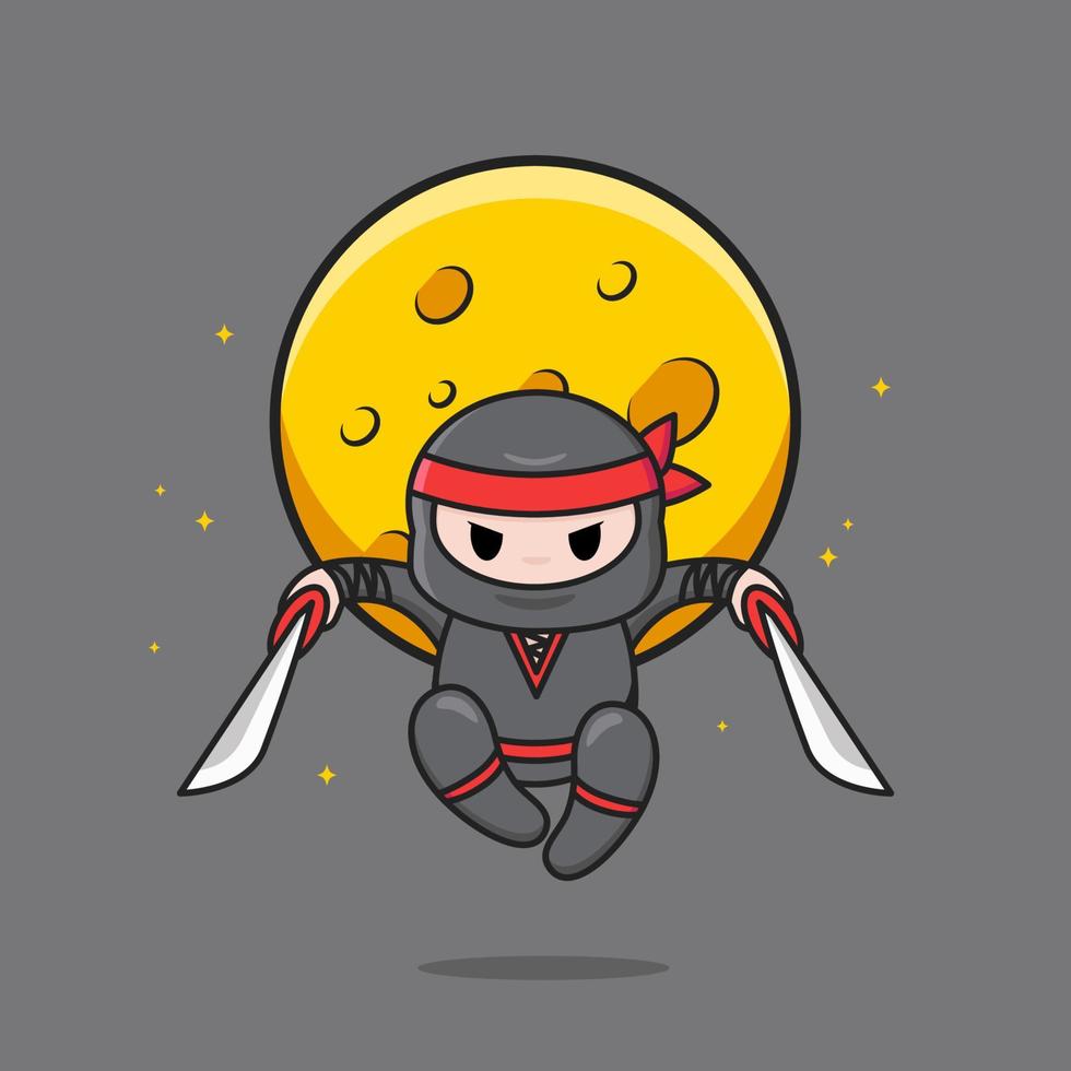 cute black ninja with red headband jumping with moon background vector