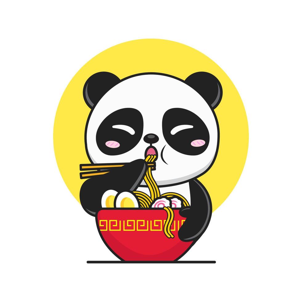 cute panda eating noodle in red bowl logo vector