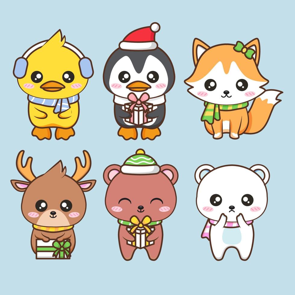 various cute animals wear winter costume vector