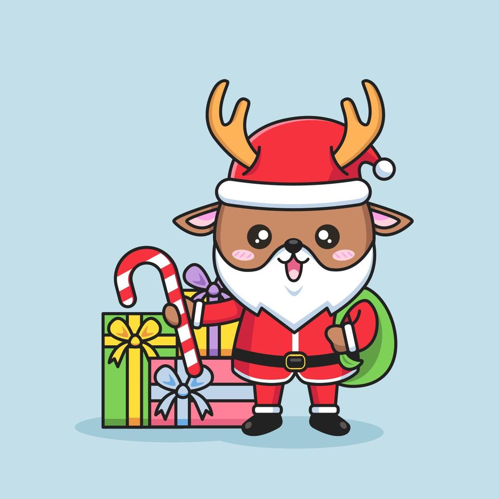 Merry christmas illustration with cute deer wear santa claus clothes vector