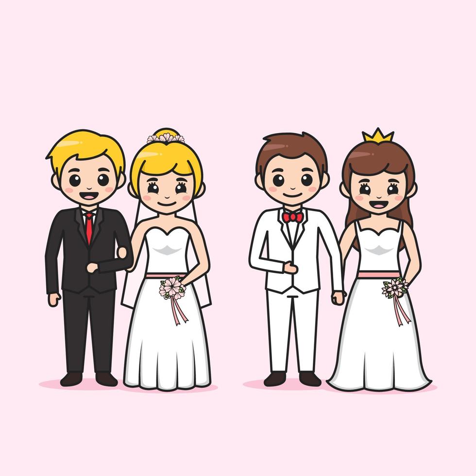 Cute bride and groom couple cartoon character vector