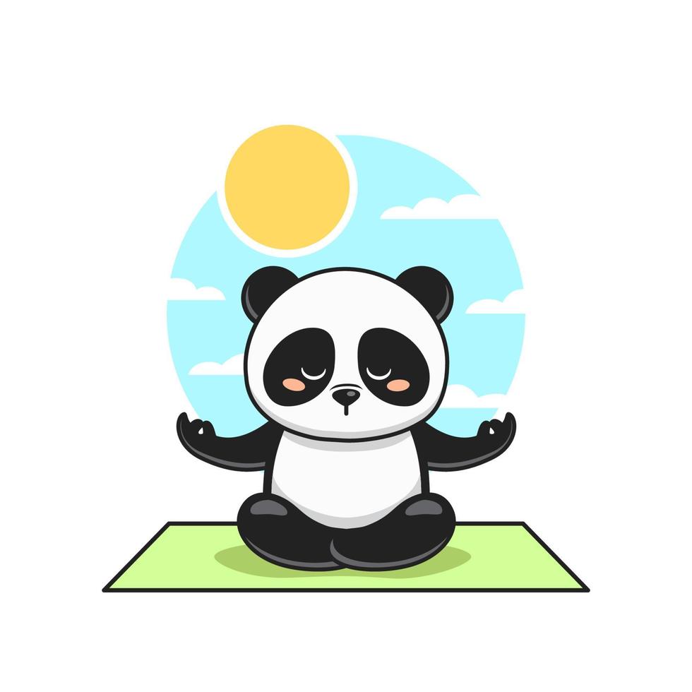 lindo panda hacer meditación con fondo de cielo vector