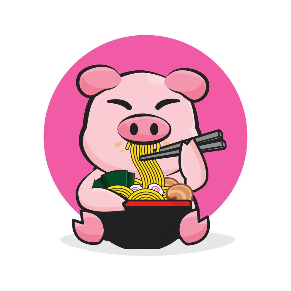 character pig eating a bowl of noodle vector