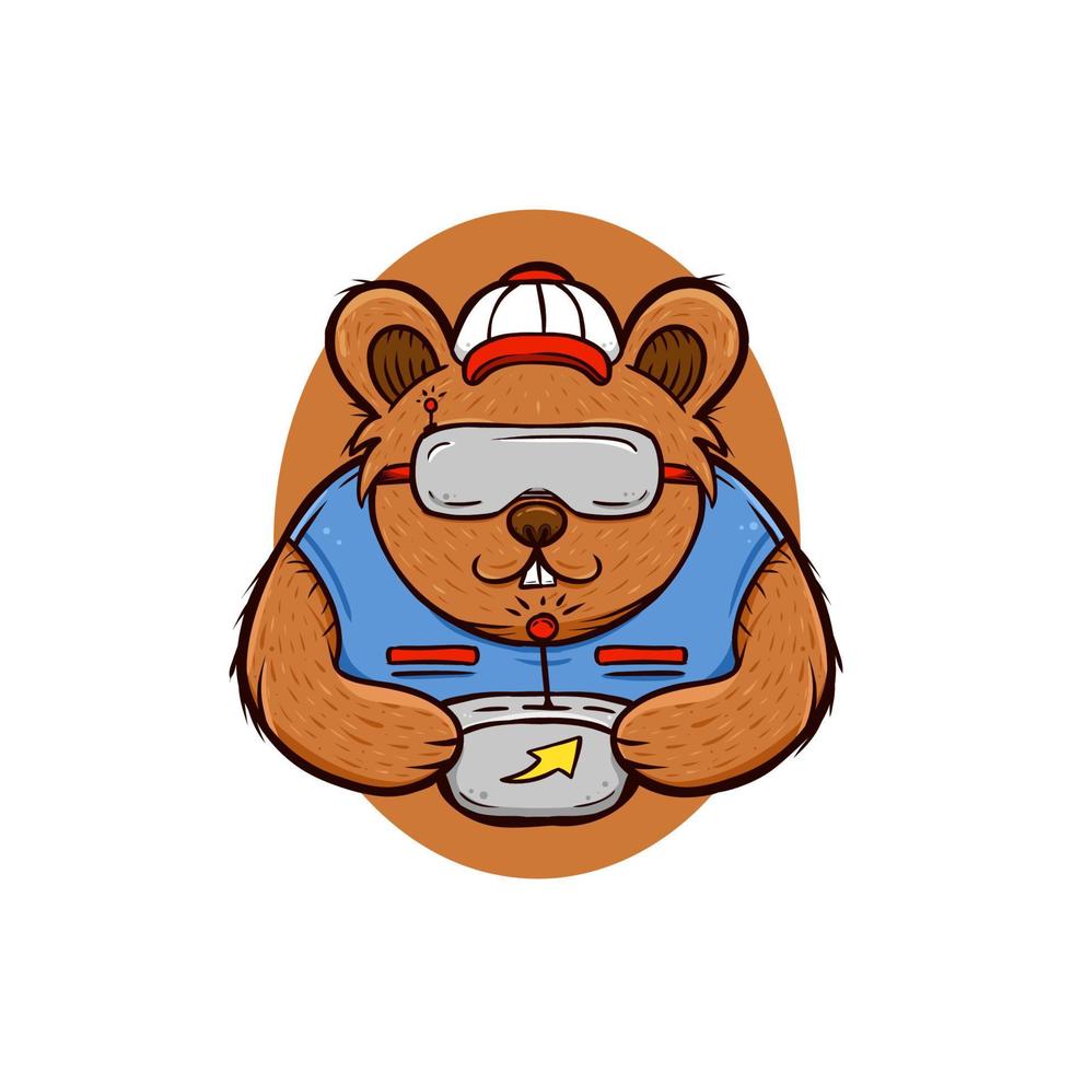 castor oso fpv drone piloto logo icono mascota ilustración cuco animal dibujos animados personaje vector