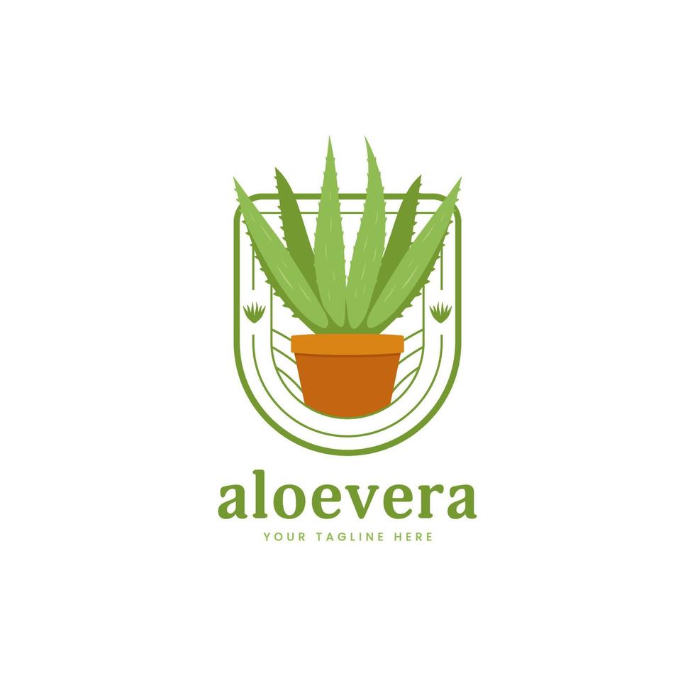 planta de aloevera en la ilustración del icono de la insignia del logotipo de la olla vector