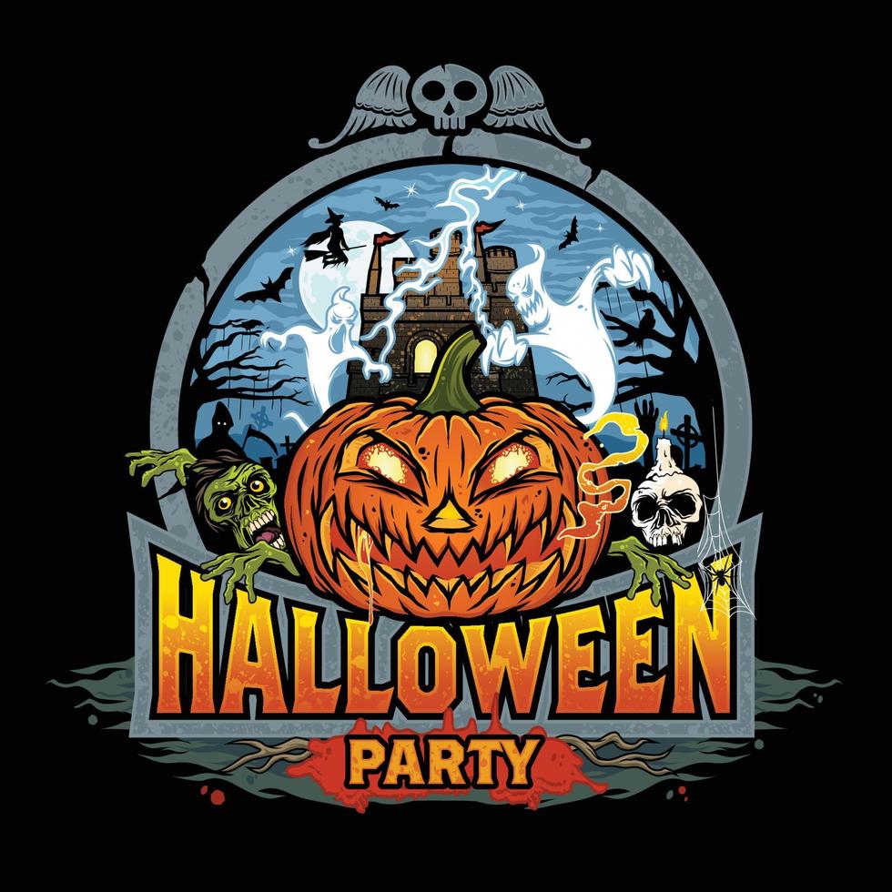 invitación de fiesta de halloween con castillo de drácula, calabazas aterradoras, zombi, fantasma, cráneo y varias siluetas de murciélagos voladores, elemento de diseño para logo, afiche, tarjeta, pancarta, emblema, camiseta. vector