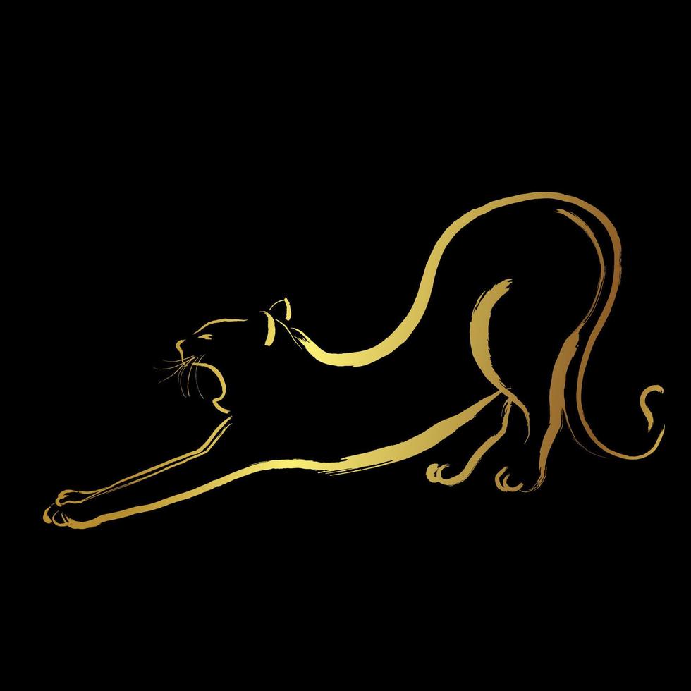 gato perezoso estirándose y despertándose, pincelada dorada pintando sobre fondo negro vector
