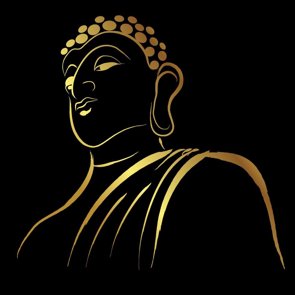 Golden buddha head with golden border paint brush isolate on black vector