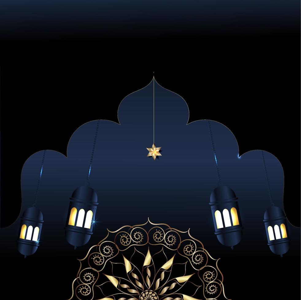 Islamic ramadan kareem banner background with crescent pattern moon star mosque lantern. vector