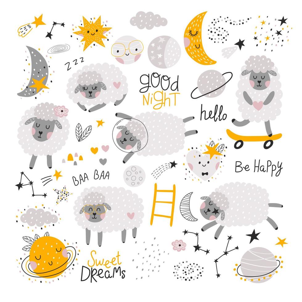 Set with sheeps, moons, comrts, stars, planets. Vector hand drawn illustration.