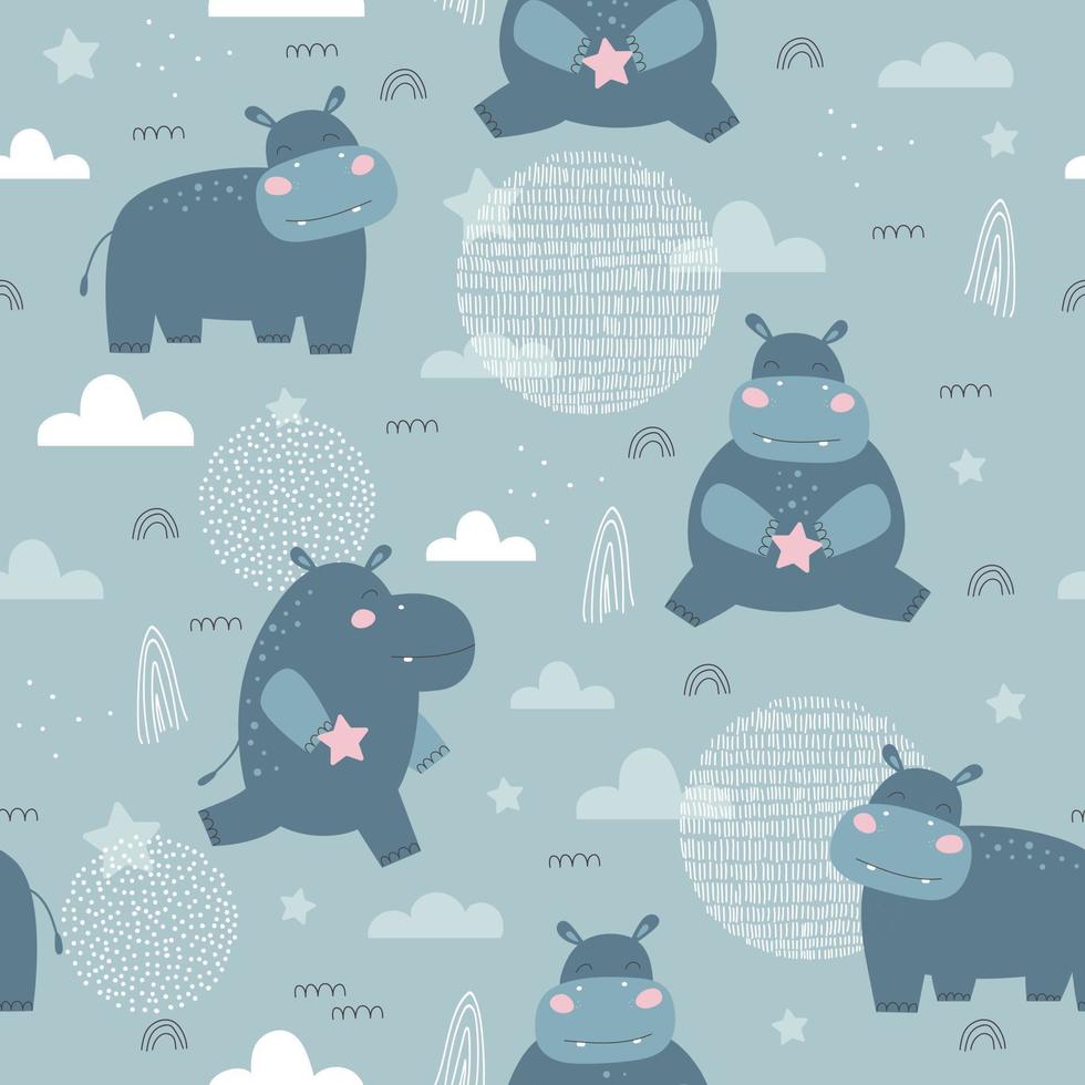 Seamless pattern with hippo. Kids print. Vector hand drawn illustration.