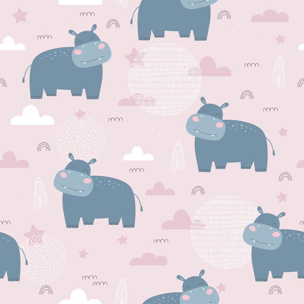 Seamless pattern with hippo. Kids print. Vector hand drawn illustration.