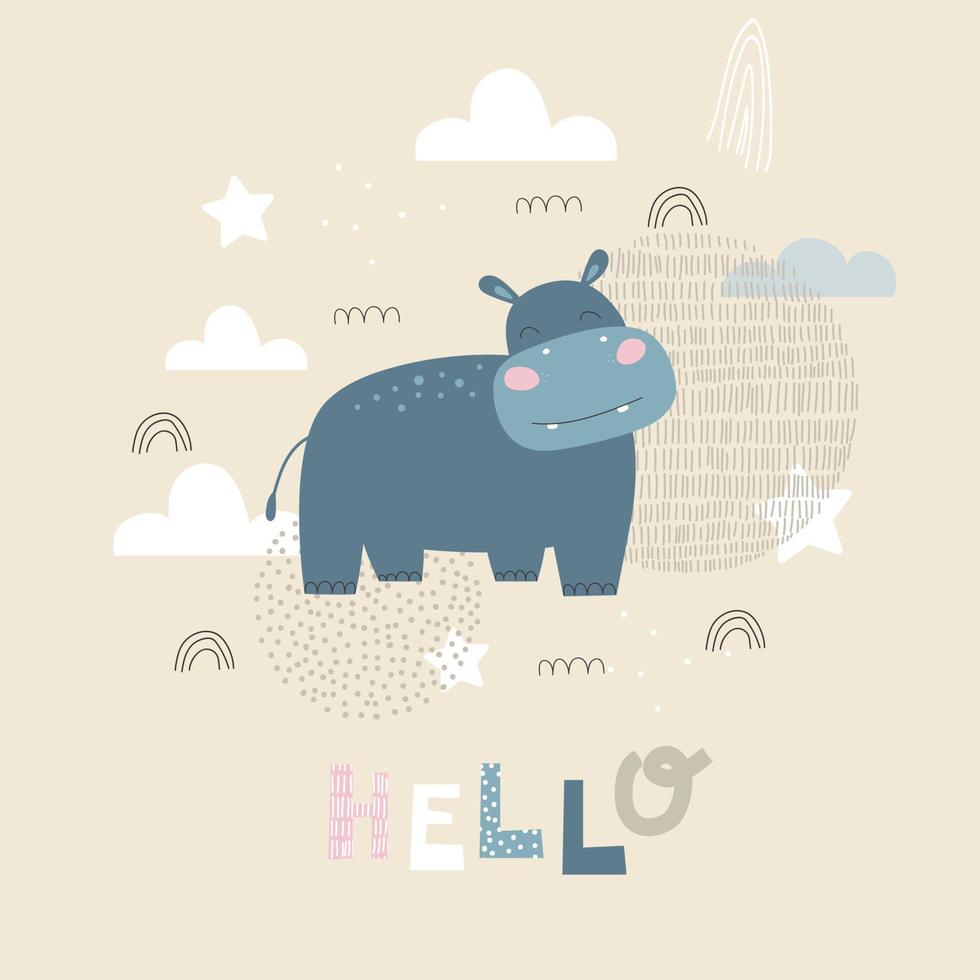 Card with hippo. Kids print. Vector hand drawn illustration.