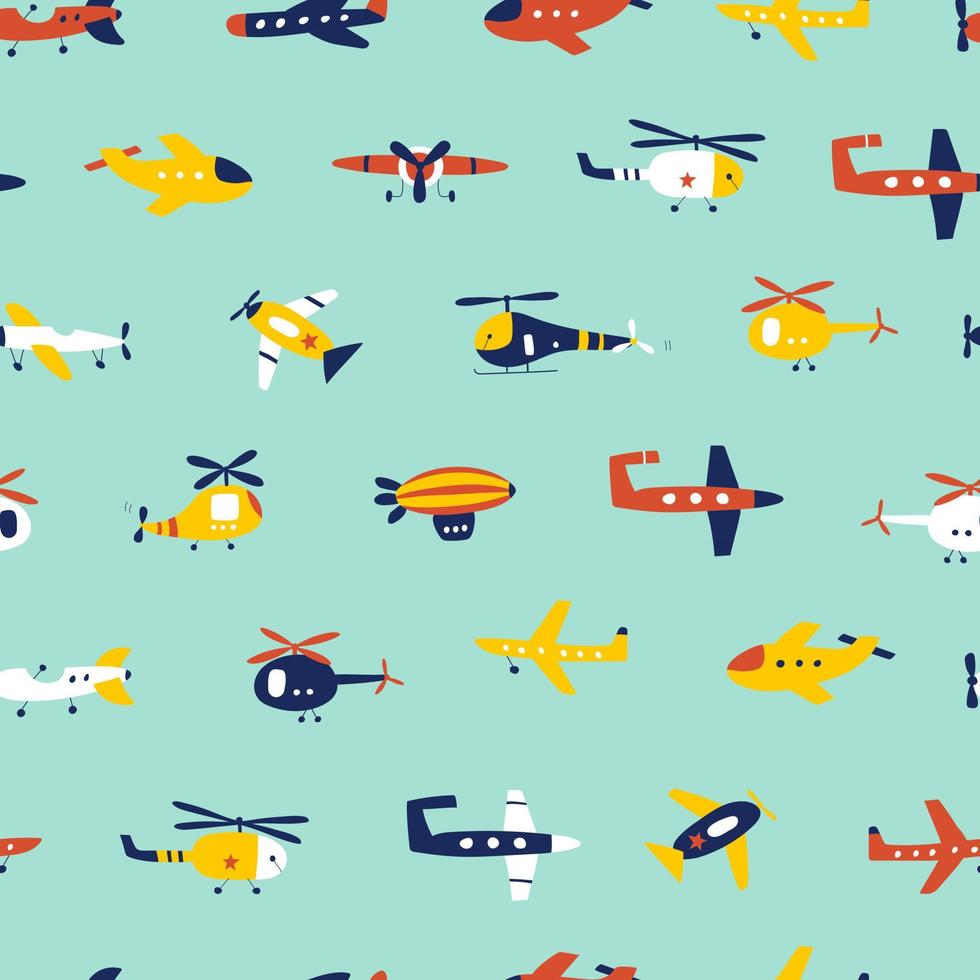 Seamless pattern with airplane and helicopter. Air transport. Kids print. Vector illustrations