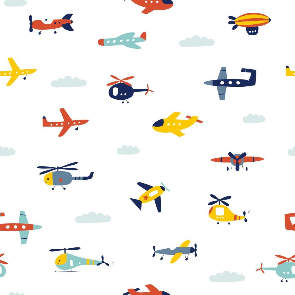 Seamless pattern with airplane and helicopter. Air transport. Kids print. Vector illustrations