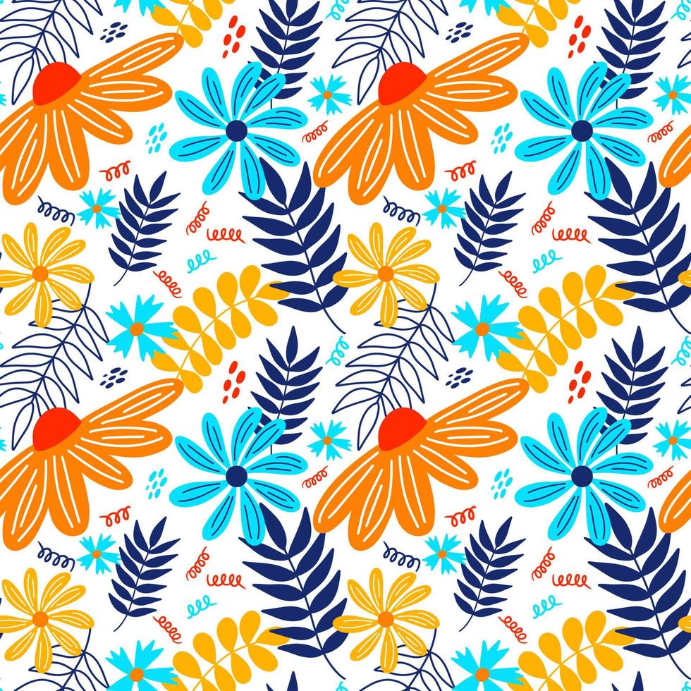 vector dibujado a mano verano patrón transparente floral aislado sobre fondo blanco. garabatear hojas y flores. dibujos animados de fondo tropical para el diseño de bodas, envolturas, textiles, adornos y tarjetas de felicitación