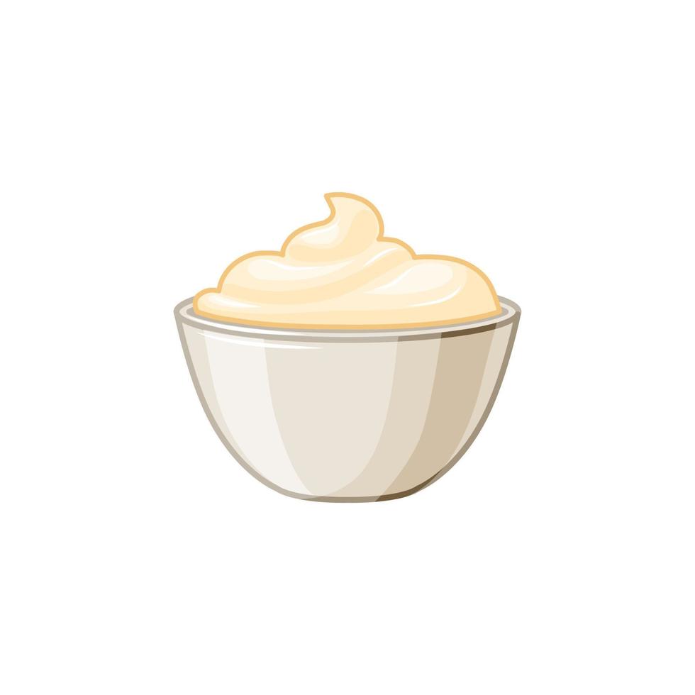 Mayonnaise bowl on a white isolated background. The icon. Sauce. Vector cartoon illustration.